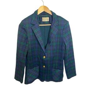 Green and Blue Tartan Blazer with Notched Lapels